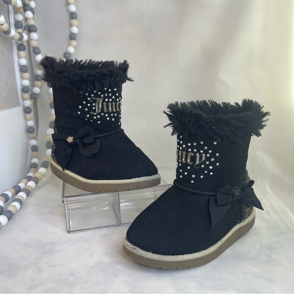 Juicy Couture Toddler Black and Gold Mid-Calf Boots with Faux Fur Trim Size 9